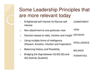 Some Leadership Principles that
are more relevant today
1.   Enlightened self interest Vs Narrow self    COMMITMENT
     interest

2.   Non-attachment to one particular view       VIEW

3.   Decision based on data, intuition and insight DECISION

4.   Using multiple forms of intelligence
                                                  INTELLIGENCE
     (Reason, Emotion, Intuition and Inspiration)

5.   Balancing History and Possibility
                                                 BALANCE
6.   Bridging the Gap between IQ-EQ-SQ and
                                                 PORARITIES
     AQ (Activity Quotient)
 