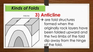 3) Anticline
 are fold structures
formed when the
originally rock layers have
been folded upward and
the two limbs of the fold
dip away from the hinge
of the fold.
Kinds of Folds
 