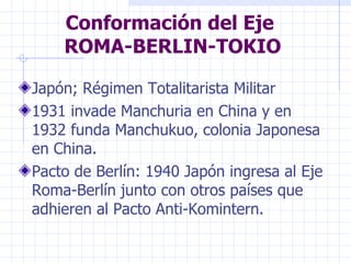 Conformación del Eje  ROMA-BERLIN-TOKIO Japón; Régimen Totalitarista Militar 1931 invade Manchuria en China y en 1932 funda Manchukuo, colonia Japonesa en China. Pacto de Berlín: 1940 Japón ingresa al Eje Roma-Berlín junto con otros países que adhieren al Pacto Anti-Komintern. 