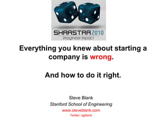 Everything you knew about starting a company is wrong.  And how to do it right.Steve BlankStanford School of Engineeringwww.steveblank.comTwitter: sgblank