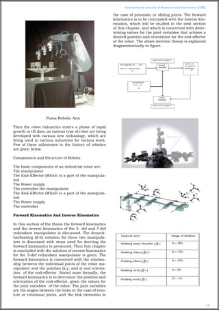 19
International Journal of Research and Innovation (IJRI)
Puma Robotic Arm
Then the robot industries enters a phase of rapid
growth to till date, as various type of robot are being
developed with various new technology, which are
being used in various industries for various work.
Few of these milestones in the history of robotics
are given below.
Components and Structure of Robots
The basic components of an industrial robot are:
The manipulator
The End-Effector (Which is a part of the manipula-
tor)
The Power supply
The controller the manipulator
The End-Effector (Which is a part of the manipula-
tor)
The Power supply
The controller
Forward Kinematics And Inverse Kinematics
In this section of the thesis the forward kinematics
and the inverse kinematics of the 5- dof and 7-dof
redundant manipulator is discussed. The denavit-
harbenterg (d-h) notation for these two manipula-
tors is discussed with steps used for deriving the
forward kinematics is presented. Then this chapter
is concluded with the solution of inverse kinematics
for the 5-dof redundant manipulator is given. The
forward kinematics is concerned with the relation-
ship between the individual joints of the robot ma-
nipulator and the position (x,y, and z) and orienta-
tion of the end-effector. Stated more formally, the
forward kinematics is to determine the position and
orientation of the end-effector, given the values for
the joint variables of the robot. The joint variables
are the angles between the links in the case of revo-
lute or rotational joints, and the link extension in
the case of prismatic or sliding joints. The forward
kinematics is to be contrasted with the inverse kin-
ematics, which will be studied in the next section
of this chapter, and which is concerned with deter-
mining values for the joint variables that achieve a
desired position and orientation for the end-effector
of the robot. The above mention theory is explained
diagrammatically in figure.
 