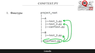 CONFTEST.PY
1. Фикстуры project_root
|
|——A
| |——test_1.py
| |——test_2.py
| |——conftest.py
|
|——B
| |——test_2.py
|
|——conftest.py
 