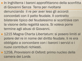  In Inghilterra i baroni approfittarono della sconfitta
  di Giovanni Senza Terra per rivoltarsi
  denunciando il re per aver leso gli accordi
  concordati con il patto feudale. Il contratto
  bilaterale tipico del feudalesimo si scontrava con
  la visione della regalità sacra. Si voleva porre
  termine agli abusi di Giovanni.
 1215 Magna Charta Libertatum: si posero limiti al
  potere del re in nome del diritto feudale. Ii re era
  obbligato a concordare con i baroni i servizi o i
  nuovi contributi richiesti.
 1258, Provvisioni di Oxford: primo nucleo della
  camera dei Lords
 