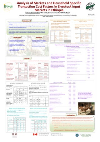 Analysis of Markets and Household Specific      
                                                  Transaction Cost Factors in Livestock Input          
                                                              Markets in Ethiopia  
                                                                                                Berhanu Gebremedhin, Moti Jaleta, Samson Jemaneh and Aklilu Bogale 
                                                                                                                           
                                                             Improving Productivity and Market Success (IPMS) Project, International Livestock Research Institute (ILRI), P.O. Box 5689,                                                                                                                                                                                                        Bonn, 2011 
                                                                                                            Addis Ababa, Ethiopia 
                                                                                                                           
                                                                                                                                                                                                           FARMER PERCEPTIONS OF CHANCE OF CHEATING ON                                                                    FARMER PERCEPTIONS OF CHANCE OF CHEATING ON 
                                                                               Background                                                                                                                        QUALITY AND WEIGHTS OF INPUTS*                                                                                       QUALITY OF INPUTS*  
     •     Ethiopia has the largest livestock population in Africa. Yet, livestock productivity is among the lowest in 
                                                                                                                                                                                                                •Farmers see problem of cheating on weights 
           the region.  
                                                                                                                                                                                                                of inputs by traders.                                                                                           Farmers perceive higher danger of cheating on 
     •     Several factors contribute to the low productivity, including inefficient input and output markets,                                                                                                  •Farmers seem confident of the AI service pro‐                                                                  quality of input by traders irrespective of the 
           diseases and traditional management practices.                                                                                                                                                       vided by the OoA. Interestingly, participation in                                                               input type. 
     •     High transaction costs is a major contributor to inefficiency of livestock input markets in Ethiopia.                                                                                                AI service is, however,  very low.                                                                                Input type                Input source            Prob. Of cheating on
                                                                                                                                                                                                                                                                                                                                                                                    Quality (0=no,
                                                                                                                                                                                                                                                                                                                                                                                        1=yes)
     •     Hence, analysis of the determinants of feed market participation and transaction cost factors can                                                                                                 Input type         Input                 Prob. Of                Prob. Of cheating
                                                                                                                                                                                                                                source                cheating on             On weighing scale
           provide important insights to the development of strategies to improve the efficiency of livestock                                                                                                                                         Quality                 (0=no, 1=yes)                                                                                         Mean
                                                                                                                                                                                                                                                      (0=no, 1=yes)
           input markets.                                                                                                                                                                                                                                                                                                         Drug                      Trader (PIS)            0.47 (0.02)a
                                                                                                                                                                                                                                                      Mean                    Mean
                                                                                                                                                                                                                                                                    a                       a                                                               WoARD                   0.03 (0.01)b
                                                                                                                                                                                                             Feed               Farmer                0.07 (0.01)             0.05 (0.01)
                                                                                                                                                                                                                                                                    b                       b                                                               Cooperatives            0.15 (0.04)c
                                                                                                                                                                                                                                Trader                0.32 (0.02)             0.29 (0.02)
                                 Objectives                                                                                                Method                                                                               (PIS)                                                                                             Veterinary ser-
                                                                                                                                                                                                                                                                                                                                      vice
                                                                                                                                                                                                                                                                                                                                                            Farmer                  0.09 (0.03)a
                                                                                                                                                                                                                                WoARD                 0.05 (0.02)a            0.03 (0.01)a                                                                  Trader (PSP)            0.40 (0.04)b
                                                                                                                                                                                                                                Cooperatives          0.14 (0.05)a            0.06 (0.03)a
                •Characterize livestock input markets and                                                             •Results are based on data collected                                                                                                                                                                                                  WoARD                   0.02 (0.01)c
                                                                                                                                                                                                             AI Service         OoA                   0.02 (0.01)
                household input market participation.                                                                 from 1200 households in 10 districts in                                                                                                                                                                                               Cooperatives            0.10 (0.05)a
                                                                                                                      4 regions of Ethiopia in 2007.                                                                                                                                      * Different letters show statistical significance. 

                •Characterize the household specific 
                transaction cost factors in livestock input                                                           •Analysis of descriptive information                                                                      Marginal effects of Probit regression for determinants of household participation 
                markets.                                                                                              and econometric analysis are used.                                                                                               in roughages and oil cakes markets 
                                                                                                                                                                                                                                                                                                              Explanatory variables for roughage                                         Marg. Effect      Std. Err.

                •Analyze the determinants of household                                                                                                                                                                                                                                     Age of household head (year)                                                                   -0.00385**       0.00542

                feed market participation.                                                                                                                                                                                                                                                 Sex of household head (male=1, female=0)                                                        -0.10206*       0.14431


                                                                                                                                                                                                                                                                                           Education of household head (literate=1, illiterate=0)                                           -0.01004       0.13388

                                                                                                                                                                                                                                                                                           Operating land (ha)                                                                              -0.01599       0.03293
                                                                                                                                                                                                            • Older and male heads who live in ar‐
                                                                                                                                                                                                                                                                                           Household assets value (Birr)                                                                     0.00000       0.00000
                                                                                                                                                                                                            eas of relatively larger communal graz‐
                                                                                                                                                                                                                                                                                           Cattle & equine owned (TLU)                                                                       0.00290       0.01431
                                                                                                                                                                                                            ing lands, are less likely to participate 
                                                                                          Results                                                                                                           in roughage markets.                                                           Pasture land (ha)                                                                                -0.03262       0.13445

                                                                                                                                                                                                                                                                                           Area covered by communal grazing land per TLU                                                  -0.06998**       0.08007
                   HOUSEHOLD ACCESS TO INPUT MARKETS                                                   HOUSEHOLD PARTICIPATION IN LIVESTOCK INPUT MARKETS 
                                                                                                                                                                                                            • On the other hand, households who                                            Distance from settlement center to nearest market place (km)                                    -0.00820*       0.01348

                                           Market                  Input type            Proportion
                                                                                                                                                                                                            live closer to markets, and are en‐                                            Number of local organization involved                                                         -0.06258***       0.06356
•Highest market ac‐                                                                                                                                   Input type                     Proportion of
                                            type                                             of                                                                                      households who         gaged in market oriented livestock                                             Involvement in extension program (yes=1, no=0)                                                0.11563***        0.11141
cess is observed for                                                                       Farmers
                                                                                                        •Highest input market                                                        purchased the
                                                                                          reporting                                                                                  input (N=1192)         production and have contact with ex‐
roughages                                                                                 access (N=    participation is ob‐                                                                                                                                                               Access to credit (yes=1, no=0)                                                                   -0.02251       0.13067
(fodder/forage/straw),                                                                      1192)                                                                                                           tension are more likely to participate 
                                                                                                        served in veterinary                          Roughage                       0.30 (0.01)                                                                                           Engagement in dairy farm (yes=1, no=0)                                                        0.28771***        0.23308
salt‐bar, veterinary                                                                                                                                                                                        in roughage markets.  
                                        Feed Market Roughages                            0.86 (0.01)    service, drugs and                                                                                                                                                                 Engagement in fattening (yes=1, no=0)                                                         0.18022***        0.15049
                                                                                                                                                      Concentrate                    0.06 (.01)
service and drugs.                                          Concentrate                  0.19 (0.11)    slat‐bar. 
                                                                                                                                                      Oil seed cakes                 0.18 (0.01)                                                                                           Crop livestock farming system (yes=1, no=0)                                                   0.33737***        0.20284
•Interestingly,                                             Cakes from oil               0.48 (0.02)    •Modest market partici‐
                                                            refineries                                                                                                                                                                                                                     Perennial crop and livestock system (yes=1, no=0)                                             0.71277***        0.24471
reported access to AI                                                                                   pation is observed in                         Bran                           0.24 (0.01)
                                                            Bran                         0.57 (0.02)    roughage feed, oil seed 
is high.                                                                                                                                              Urea molasses block            0.03 (0.01)
                                                                                                                                                                                                                                                                                           Constant                                                                                      -1.48405***       0.38288
                                                            Urea Molasses Block          0.06 (0.01)    cakes and bran. 
•Access to oil seed                                                                                                                                   Salt – bar                     0.62 (0.01)
                                                                                                                                                                                                                                                                                           Number of observations                                                                                  699

cakes and bran is                                           Salt – bar                   0.89 (0.01)    •Lowest market partici‐
                                                                                                                                                      Veterinary service             0.79 (0.01)                                                                                           Wald Chi2 (16)                                                                                     149.64
modest.                                 Health              Veterinary service           0.98 (0.00)    pation is observed in 
                                        service                                                                                                                                                                                                                                            Prob > Chi2                                                                                        0.0000
                                                            Drugs                        0.99 (0.00)    concentrates, AI and                          Drugs                          0.82 (0.01)
•Access to concentrate                                                                                  UMB.                                                                                                                                                                               Pseudo R-squared                                                                                   0.1927
                                        Artificial   Artificial insemination 0.67 (0.02)                                                              Artificial insemination        0.09 (0.01)
and UMB is lowest.                      insemination for heifers/cows                                                                                 for heifers/cows
                                                                                                                                                                                                                                                                                          Note: ***, **, and * show significance at 1%, 5%, and 10% significance levels, respectively.


                                                                                                                                                                                                                         Explanatory variables for oil cakes                                    Marg. Effect            Std. Err.
                  SUPPLIERS OF LIVESTOCK INPUTS                                                                  SUPPLIERS OF LIVESTOCK INPUTS (2)
                                                                                                                                                                                                       Age of household head (year)                                                                    0.00163           0.00779
                                                                                                                                                                                                        
                                                                                                                                                                                                       Sex of household head (yes=1, no=0)                                                            -0.07288           0.23794
•Farmers are the                                                                                        •The Office of Agriculture (OoA) is the major sup‐                                             Education of household head (literate=1, illiterate=0)                                          0.06882           0.22196
most important                   Input type                  % of buyers by types of sellers            plier of veterinary services,  with some involve‐
sellers of rough‐                                                                                                                                                                                      Operating land (ha)                                                                            0.02250*           0.03282
                                                  Farmers Trad-          OoA     Coop-      Others
                                                                                                        ment of the private sector. 
age feed.                                                 ers                    era-
                                                                                                                                                                                                       Household assets value (Birr)                                                                   0.00000           0.00000
                                                                                 tives                  •The office of agriculture is almost the exclusive 
                                                                                                                                                                                                       Cattle & equine owned (TLU)                                                              0.02565***               0.02143
                                 Roughages 0.89                0.08      0       0          0.02        supplier of AI. 
                                           (0.02)              (0.01)                                                                                                                                  Pasture land (ha)                                                                               0.00665           0.07281
•Traders are the                                                                                        •Drugs are supplied by the office of agriculture and                                                                                                                                                                                   Households who operate larger size of 
                                 Concen-          0.01         0.87      0.03   0.02        0.05
                                                                                                                                                                                                       Area covered by communal grazing land per TLU                                              0.07710**              0.09453
most important                       trate        (0.01)       (0.04)    (0.02) (0.02)      (0.03)
                                                                                                        traders.                                                                                                                                                                                                                               crop land, who have more livestock,  
sellers of con‐                  Cakes from 0.01               0.95      0.02   0.01        0.01
                                                                                                                                                                                                       Distance from settlement center to nearest market place (km)                                    0.00141           0.01563               who live in areas with larger communal 
                                 oil refiner- (0.01)           (0.02)    (0.01) (0.01)
centrates, oil                         ies                                                               Input                                  % of buyers by type of seller                          Number of local organization involved                                                           0.04882           0.08571               grazing land, and are engaged in fatten‐
                                                                                                         type
cakes, bran, and                                                                                                                                                                                       Involvement in extension program (yes=1, no=0)                                           0.18743***               0.18707               ing business are more likely to partici‐
                                 Bran             0.01         0.97      0       0          0.01                        Farmers          Private        OoA         Cooperatives              Others
salt bar.                                         (0.01)       (0.01)                       (0.01)                                                                                                     Access to credit (yes=1, no=0)                                                                 -0.06132           0.17419               pate in oil cake markets.  
                                                                                                          Veterinary           0.02          0.08         0.89                0                   0
                                 Urea             0.09         0.41      0.15   0           0.35           service            (0.00)        (0.01)       (0.01)
                                                                                                                                                                                                       Engagement in dairy farm (yes=1, no=0)                                                          0.08135           0.26261
                                 molasses         (0.05)       (0.09)    (0.06)             (0.08)
•The office of                   block                                                                      Drugs              0.01          0.34         0.64                0                   0    Engagement in fattening (yes=1, no=0)                                                          0.15228*           0.21061
                                                                                                                              (0.00)        (0.01)       (0.01)
Agriculture                      Salt – bar       0.02         0.96      0.01   0           0                                                                                                          Crop livestock farming system (yes=1, no=0)                                                    -0.25899           0.62240
                                                  (0.00)       (0.01)    (0.00)
(OoA) is a minor                                                                                                                                                                                       Perennial crop and livestock system (yes=1, no=0)                                          -0.35745*              0.67877
                                                                                                            AI for             0.00          0.02         0.97               0.01                 0                                                                                                                
player in the                                                                                              heifers/           (0.01)        (0.01)       (0.02)             (0.01)                     Constant                                                                                       -0.94785           0.79410
                                                                                                            cows

                                                                                                                                                                                                       Number of observations                                                                             309

                MARKET PLACES FOR LIVESTOCK INPUTS                                                         MARKET PLACES FOR LIVESTOCK INPUTS (2)                                                      Wald Chi2 (16)                                                                                    60.25

                                                                                                                                                                                                       Prob > Chi2                                                                                      0.0000
    •Most important markets for roughages are farm 
    gates and local markets.                                                                             •Veterinary services are supplied at farm gates,                                              Pseudo R-squared                                                                                 0.1774
                                                                                                                                                                                                       Note: ***, **, and * show significance at 1%, 5%, and 10% significance levels, respectively.
    • Most important markets for concentrates, oil                                                       local and district markets.  
    cakes, bran, veterinary  service and drugs and slat‐                                                 •Drugs are supplied mostly at local and district 
    bar are local and district markets.                                                                  markets.                                                                                                                                                                         Implications
                                                                                                         •AI is supplied primarily at local and district mar‐
                                        Places of input purchase (% of buyers)                           kets, with some farmers receiving it at farm gate.                                                 •     An interesting result of this analysis is the fact that participation in input markets is very low despite the high 
                Input type
                                  Farm            Local         District       Regional                                                                                                                           reported access to the input markets, consistent with the low market orientation of the livestock sector.  
                                  gate            market        market         market
                                                                                                                  Input type              Places of input purchase (% of buyers)
         Roughages                 0.61             0.30            0.09             0
                                                                                                                                                                                                            •      Another interesting result is the fact that farmers seem concerned about the inputs and services they can buy 
                                                                                                                                       Farm          Local         District       Regional
                                  (0.02)           (0.02)          (0.01)
                                                                                                                                       gate          market        market         market                          from the private sector. 
         Concentrates              0.01             0.57            0.40          0.01
                                  (0.01)           (0.06)          (0.01)        (0.01)
                                                                                                                  Veterinary            0.20          0.47          0.33               0                    •     Two major implications emerge from the analyses: 
         Cakes from oil refin-       0              0.36            0.60          0.05                             service             (0.01)        (0.02)        (0.02)
         eries                                     (0.03)          (0.03)        (0.01)
                                                                                                                                                                                                                           1.Efforts should be strengthened to transform the subsistence nature of livestock production into market 
         Bran                      0.01             0.34            0.63          0.02                                Drugs             0.07          0.45          0.47              0.01
                                  (0.01)           (0.03           (0.03)        (0.01)                                                (0.01)        (0.02)        (0.02)            (0.00)                                orientation. 
         Urea molasses block       0.35             0.42            0.20          0.03
                                  (0.08)           (0.09)          (0.07)        (0.03)                             AI for              0.14          0.20          0.66               0                                   2.Appropriate incentives and regulatory mechanisms should be put in place to encourage the involve‐
                                                                                                                 heifers/cow           (0.03)        (0.04)        (0.05)
         Salt – bar                0.01
                                  (0.00)
                                                    0.41            0.54          0.04
                                                                                 (0.01)
                                                                                                                                                                                                                           ment of the private sector in livestock input supply and services. 
                                                   (0.02)          (0.02)
 