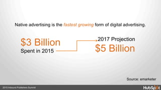 $3 Billion
Spent in 2015
Native advertising is the fastest growing form of digital advertising.
2017 Projection
$5 Billion
Source: emarketer
2015 Inbound Publishers Summit
 