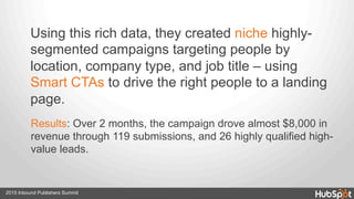 2015 Inbound Publishers Summit
Results: Over 2 months, the campaign drove almost $8,000 in
revenue through 119 submissions, and 26 highly qualified high-
value leads.
Using this rich data, they created niche highly-
segmented campaigns targeting people by
location, company type, and job title – using
Smart CTAs to drive the right people to a landing
page.
 