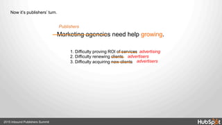 1. Difficulty proving ROI of services
2. Difficulty renewing clients
3. Difficulty acquiring new clients
Marketing agencies need help growing.
advertisers
advertisers
advertising
Publishers
Now it’s publishers’ turn.
2015 Inbound Publishers Summit
 