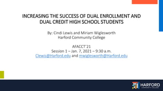 INCREASING THE SUCCESS OF DUAL ENROLLMENT AND
DUAL CREDIT HIGH SCHOOL STUDENTS
By: Cindi Lewis and Miriam Wiglesworth
Harford Community College
AFACCT’21
Session 1 – Jan. 7, 2021 – 9:30 a.m.
Clewis@Harford.edu and mwiglesworth@Harford.edu
 