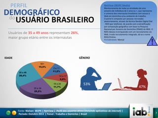 PERFIL

NetView (IBOPE Media)

DEMOGRÁFICO
do
USUÁRIO BRASILEIRO
Usuários de 35 a 49 anos representam 26%,
maior grupo etário entre os internautas

Monitoramento de todas as atividades de uma
amostra de indivíduos de 2 anos ou +, que representa
o universo dos internautas brasileiros com acesso à
Web em domicílios e/ou ambiente de trabalho.
O painel é composto por pessoas recrutadas
aleatoriamente, através da técnica Randon Digital Dial
- RDD (por telefone), de acordo com a estratificação
por composição geográfica com base na Pesquisa
Nacional por Amostra de Domicílios (PNAD) do IBGE. O
RDD clássico é enriquecido com um recrutamento via
Web. A este recrutamento integrado, dá-se o nome
RDD//Online.
Periodicidade: Mensal

GÊNERO

IDADE
50+
15,5%
35 a 49
26,4%

2 a 11
11,2%
12 a 17
9,9%

25 a 34
25,2%

18 a 24
11,7%

53%

Fonte: Nielsen IBOPE | NetView | Perfil dos usuários ativos (incluindo aplicativos de internet) |
Período: Outubro 2013 | Painel : Trabalho e Domicíios | Brasil

47%

7

 