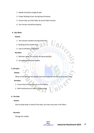 49 
Industrial Attachment-2014 
1. Needle should be straight & well. 
2. Proper feeding of yarn during loop formation. 
3. Correct take up of the fabric & correct fabric tension. 
4. Yarn tension should be properly. 
4. Star Mark: 
Causes: 
1. Yarn tension variation during production. 
2. Buckling of the needle latch. 
3. Low G.S.M fabric production. 
Remedies: 
1. Maintain same Yarn tension during production. 
2. Use good conditioned needles. 
5. Oil stain: 
Causes: 
When oil lick through the needle trick then it pass on the fabrics and make a line. 
Remedies: 
1. Ensure that oil does not pass on the fabrics. 
2. Well maintenance as well as proper oiling. 
6. Pin hole: 
Causes: 
Due to break down or bend of the latch, pin hole may come in the fabric. 
Remedies: 
Change the needle. 
 