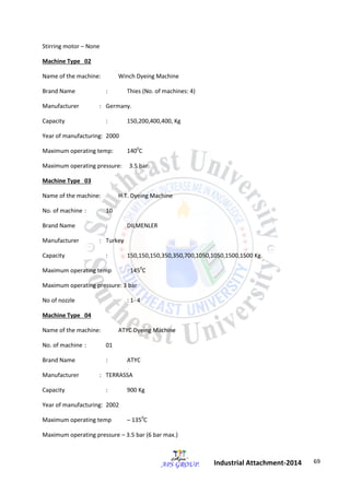 69 
Industrial Attachment-2014 
Stirring motor – None 
Machine Type 02 
Name of the machine: Winch Dyeing Machine 
Brand Name : Thies (No. of machines: 4) 
Manufacturer : Germany. 
Capacity : 150,200,400,400, Kg 
Year of manufacturing: 2000 
Maximum operating temp: 1400C 
Maximum operating pressure: 3.5 bar 
Machine Type 03 
Name of the machine: H.T. Dyeing Machine 
No. of machine : 10 
Brand Name : DILMENLER 
Manufacturer : Turkey 
Capacity : 150,150,150,350,350,700,1050,1050,1500,1500 Kg. 
Maximum operating temp : 1450C 
Maximum operating pressure: 3 bar 
No of nozzle : 1- 4 
Machine Type 04 
Name of the machine: ATYC Dyeing Machine 
No. of machine : 01 
Brand Name : ATYC 
Manufacturer : TERRASSA 
Capacity : 900 Kg 
Year of manufacturing: 2002 
Maximum operating temp – 1350C 
Maximum operating pressure – 3.5 bar (6 bar max.) 
 