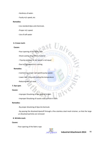 90 
Industrial Attachment-2014 
- Hardness of water. 
- Faulty m/c speed, etc 
Remedies: 
- Use standard dyes and chemicals. 
- Proper m/c speed. 
- Use of soft water 
6. Crease mark: 
Causes: 
- Poor opening of the fabric rope 
- Shock cooling of synthetic material 
- If pump pressure & reel speed is not equal 
- Due to high speed m/c running 
Remedies: 
- maintaining proper reel sped & pump speed. 
- Lower rate rising and cooling the temperature 
- Reducing the m/c load 
7. Dye spot: 
Causes: 
- Improper Dissolving of dye particle in bath. 
- Improper Dissolving of caustic soda particle in bath. 
Remedies: 
- By proper dissolving of dyes & chemicals 
- By passing the dissolved dyestuff through a fine stainless steel mesh strainer, so that the large 
un-dissolved particles are removed 
8. Wrinkle mark: 
Causes: 
- Poor opening of the fabric rope 
 