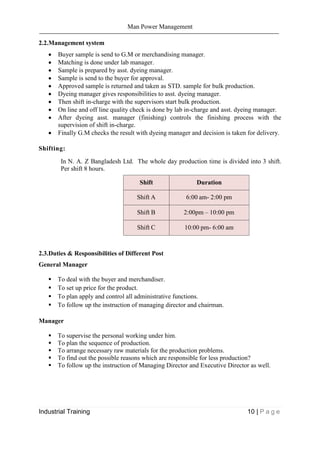 Man Power Management
Industrial Training 10 | P a g e
2.2.Management system
 Buyer sample is send to G.M or merchandising manager.
 Matching is done under lab manager.
 Sample is prepared by asst. dyeing manager.
 Sample is send to the buyer for approval.
 Approved sample is returned and taken as STD. sample for bulk production.
 Dyeing manager gives responsibilities to asst. dyeing manager.
 Then shift in-charge with the supervisors start bulk production.
 On line and off line quality check is done by lab in-charge and asst. dyeing manager.
 After dyeing asst. manager (finishing) controls the finishing process with the
supervision of shift in-charge.
 Finally G.M checks the result with dyeing manager and decision is taken for delivery.
Shifting:
In N. A. Z Bangladesh Ltd. The whole day production time is divided into 3 shift.
Per shift 8 hours.
Shift Duration
Shift A 6:00 am- 2:00 pm
Shift B 2:00pm – 10:00 pm
Shift C 10:00 pm- 6:00 am
2.3.Duties & Responsibilities of Different Post
General Manager
 To deal with the buyer and merchandiser.
 To set up price for the product.
 To plan apply and control all administrative functions.
 To follow up the instruction of managing director and chairman.
Manager
 To supervise the personal working under him.
 To plan the sequence of production.
 To arrange necessary raw materials for the production problems.
 To find out the possible reasons which are responsible for less production?
 To follow up the instruction of Managing Director and Executive Director as well.
 