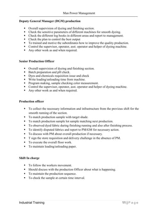 Man Power Management
Industrial Training 11 | P a g e
Deputy General Manager (DGM) production
 Overall supervision of dyeing and finishing section.
 Check the sensitive parameters of different machines for smooth dyeing.
 Check the different log books in different areas and report to management.
 Check the plan to control the best output
 To trained and motive the subordinates how to improve the quality production.
 Control the supervisor, operator, asst. operator and helper of dyeing machine.
 Any other work as and when required.
Senior Production Officer
 Overall supervision of dyeing and finishing section.
 Batch preparation and pH check.
 Dyes and chemicals requisition issue and check
 Write loading/unloading time from machine.
 Program making, sample checking color measurement.
 Control the supervisor, operator, asst. operator and helper of dyeing machine.
 Any other work as and when required.
Production officer
 To collect the necessary information and infrastructure from the previous shift for the
smooth running of the section.
 To match production sample with target shade.
 To match production sample lot sample matching next production.
 To observed dyed fabric during finishing running and also after finishing process.
 To identify disputed fabrics and report to PM/GM for necessary action.
 To discuss with PM about overall production if necessary.
 T sign the store requisition and delivery challenge in the absence of PM.
 To execute the overall floor work.
 To maintain loading/unloading paper.
Shift In charge
 To follow the workers movement.
 Should discuss with the production Officer about what is happening.
 To maintain the production sequence.
 To check the sample at certain time interval.
 