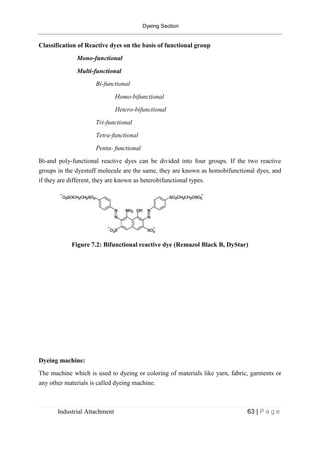 Dyeing Section
Industrial Attachment 63 | P a g e
Classification of Reactive dyes on the basis of functional group
Mono-functional
Multi-functional
Bi-functional
Homo-bifunctional
Hetero-bifunctional
Tri-functional
Tetra-functional
Penta- functional
Bi-and poly-functional reactive dyes can be divided into four groups. If the two reactive
groups in the dyestuff molecule are the same, they are known as homobifunctional dyes, and
if they are different, they are known as heterobifunctional types.
Figure 7.2: Bifunctional reactive dye (Remazol Black B, DyStar)
Dyeing machine:
The machine which is used to dyeing or coloring of materials like yarn, fabric, garments or
any other materials is called dyeing machine.
 