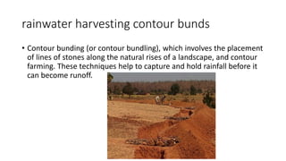 rainwater harvesting contour bunds
• Contour bunding (or contour bundling), which involves the placement
of lines of stones along the natural rises of a landscape, and contour
farming. These techniques help to capture and hold rainfall before it
can become runoff.
 