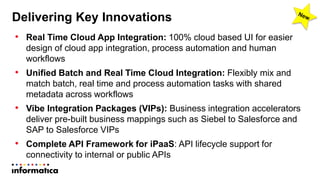 Delivering Key Innovations
• Real Time Cloud App Integration: 100% cloud based UI for easier
design of cloud app integration, process automation and human
workflows
• Unified Batch and Real Time Cloud Integration: Flexibly mix and
match batch, real time and process automation tasks with shared
metadata across workflows
• Vibe Integration Packages (VIPs): Business integration accelerators
deliver pre-built business mappings such as Siebel to Salesforce and
SAP to Salesforce VIPs
• Complete API Framework for iPaaS: API lifecycle support for
connectivity to internal or public APIs
 