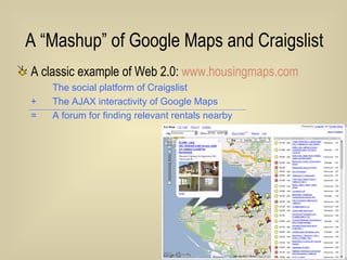 A “Mashup” of Google Maps and Craigslist  A classic example of Web 2.0:  www.housingmaps.com The social platform of Craigslist + The AJAX interactivity of Google Maps =  A forum for finding relevant rentals nearby 