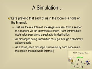 A Simulation… Let’s pretend that each of us in the room is a node on the Internet.  Just like the real Internet, messages are sent from a sender to a receiver via the intermediate nodes. Each intermediate node helps pass along a packet to its destination. All messages being transmitted must go through a physically adjacent node As a result, each message is viewable by each node (as is the case in the real world Internet!) 