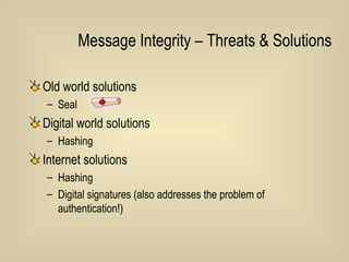 Message Integrity – Threats & Solutions Old world solutions Seal Digital world solutions Hashing Internet solutions Hashing Digital signatures (also addresses the problem of authentication!) 