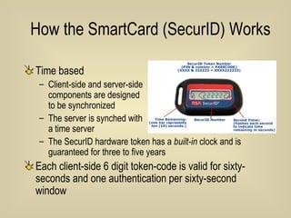 How the SmartCard (SecurID) Works  Time based Client-side and server-side  components are designed  to be synchronized The server is synched with  a time server The SecurID hardware token has a  built-in  clock and is guaranteed for three to five years Each client-side 6 digit token-code is valid for sixty-seconds and one authentication per sixty-second window 