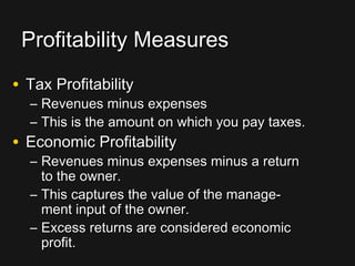 Profitability MeasuresProfitability Measures
• Tax ProfitabilityTax Profitability
– Revenues minus expensesRevenues minus expenses
– This is the amount on which you pay taxes.This is the amount on which you pay taxes.
• Economic ProfitabilityEconomic Profitability
– Revenues minus expenses minus a returnRevenues minus expenses minus a return
to the owner.to the owner.
– This captures the value of the manage-This captures the value of the manage-
ment input of the owner.ment input of the owner.
– Excess returns are considered economicExcess returns are considered economic
profit.profit.
 