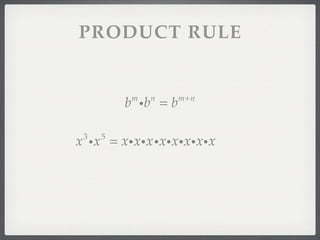 PRODUCT RULE


         b ib = b
          m   n     m+n




x ix = xixix ixixixixix
 3   5
 