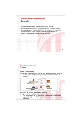 Maneras de tener en cuenta los objetivos

 Compactar


 Compactar el ruido y evitar su esparcimiento por el territorio.
 Más vale disponer una red vial muy jerarquizada con pocas vías rápidas
 de paso, algunas de media velocidad para los residentes y la mayoría de
 prioridad invertida, que no extender una red homogénea donde los
  vehículos puedan llegar a todo a cualquier velocidad.




                                                                            19




Maneras de tener en cuenta
Proteger

Barreras y motas de tierra
La eficacia de una barrera o una mota de tierra será esencialmente función de
      su altura, de su longitud y de la posición respectiva de la fuente y el
      receptor.




             Actividad industrial      Barrera




                     Carretera      Mota de tierra


ATENCIÓN: las barreras vegetales son ineficaces
Un hago o una hilera de árboles es ineficaz para hacer de obstáculo al ruido.
     Una banda forestal de 100 m de ancho puede aportar una atenuación
     suplementaria de 3 a 5 dB (A) en relación a la atenuación relacionada a20
     la distancia.
 