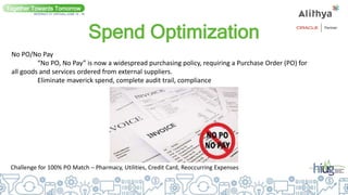 Spend Optimization
No PO/No Pay
“No PO, No Pay” is now a widespread purchasing policy, requiring a Purchase Order (PO) for
all goods and services ordered from external suppliers.
Eliminate maverick spend, complete audit trail, compliance
Together Towards Tomorrow
INTERACT 21 VIRTUAL| JUNE 14 - 16
Challenge for 100% PO Match – Pharmacy, Utilities, Credit Card, Reoccurring Expenses
 