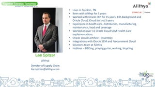 Lee Spitzer
Together Towards Tomorrow
INTERACT 21 VIRTUAL| JUNE 14 - 16
Alithya
Director of Supply Chain
lee.spitzer@alithya.com
• Lives in Franklin, TN
• Been with Alithya for 5 years
• Worked with Oracle ERP for 15 years, EBS Background and
Oracle Cloud, Cloud for last 5 years
• Experience in health care, distribution, manufacturing,
maintenance, food and beverage
• Worked on over 15 Oracle Cloud SCM Health Care
implementations
• Oracle Cloud Certified – Inventory
• Integrations with Oracle SCM and Procurement Cloud
• Solutions team at Alithya
• Hobbies – BBQing, playing guitar, walking, bicycling
 