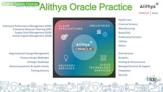 Alithya Oracle Practice
Together Towards Tomorrow
INTERACT 21 VIRTUAL| JUNE 14 - 16
Enterprise Performance Management (EPM)
Enterprise Resource Planning (ERP)
Supply Chain Management (SCM)
Human Capital Management (HCM)
Organizational Change Management
Process Design (Redesign)
Strategic Roadmaps
Cloud Assessments & Health Checks
Training Services
Health Care
Financial Services
Manufacturing
Retail/CPG
Professional Services
Utilities
Others
Data Services
Analytics
Hosting & Infrastructure
Managed Services & Support
Integration
Security
 