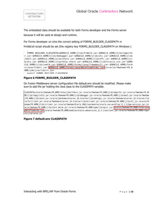 The embedded class should be available for both Forms developer and the Forms server
because it will be used at design and runtime.

For Forms developer on Unix the correct setting of FORMS_BUILDER_CLASSPATH in
frmbld.sh script should be set (the registry key FORMS_BUILDER_CLASSPATH on Windows )




Figure 6 FORMS_BUILDER_CLASSPATH

On Fusion Middleware server configuration file default.env should be modified. Please make
sure to add the jar holding the Java class to the CLASSPATH variable.




Figure 7 default.env CLASSPATH




Interacting with BPEL/WF from Oracle Forms                                      P a g e | 15
 