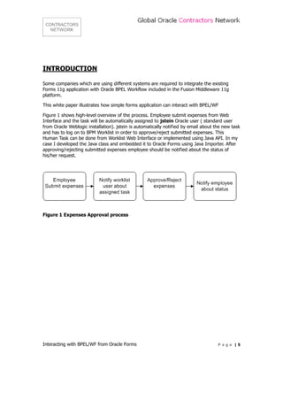 INTRODUCTION

Some companies which are using different systems are required to integrate the existing
Forms 11g application with Oracle BPEL Workflow included in the Fusion Middleware 11g
platform.

This white paper illustrates how simple forms application can interact with BPEL/WF

Figure 1 shows high-level overview of the process. Employee submit expenses from Web
Interface and the task will be automatically assigned to jstein Oracle user ( standard user
from Oracle Weblogic installation). jstein is automatically notified by email about the new task
and has to log on to BPM Worklist in order to approve/reject submitted expenses. This
Human Task can be done from Worklist Web Interface or implemented using Java API. In my
case I developed the Java class and embedded it to Oracle Forms using Java Importer. After
approving/rejecting submitted expenses employee should be notified about the status of
his/her request.




Figure 1 Expenses Approval process




Interacting with BPEL/WF from Oracle Forms                                           Page |5
 