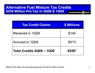 Alternative Fuel Mixture Tax Credits
$558 Million Pre-Tax in 4Q08 & 1Q09



                   Tax Credit Claims                                    $ Millions

         Received in 1Q09                                                 $145
                                                                          $

         Accrued i 1Q09
         A     d in                                                       $413

         Total Credits 4Q08 – 1Q09                                        $558*



* Before $18 million of associated expenses and $210 million of taxes                25
 