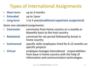 Types of International Assignments
• Short term up to 3 months
• Extended up to 1year
• Long term 1 to 5 years(traditional expatriate assignment)
Some non-standard assignments:
• Commuter commutes from home country on a weekly or
biweekly basis to the host country
• Rotational commute for set period followed by break in
home country
• Contractual specific skills employees hired for 6-12 months on
specific projects
• Virtual employee manages international responsibilities
from base in home country with the help of
information and communication technologies
IBUS 618 Dr. Yang 21Ligo Koshy, Assistant Professor, MACFAST
 