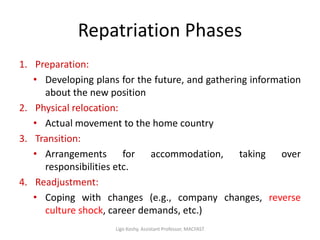 Repatriation Phases
1. Preparation:
• Developing plans for the future, and gathering information
about the new position
2. Physical relocation:
• Actual movement to the home country
3. Transition:
• Arrangements for accommodation, taking over
responsibilities etc.
4. Readjustment:
• Coping with changes (e.g., company changes, reverse
culture shock, career demands, etc.)
Ligo Koshy, Assistant Professor, MACFAST
 