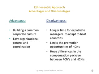 Ethnocentric Approach
Advantages and Disadvantages
Advantages:
• Building a common
corporate culture
• Easy organizational
control and
coordination
Disadvantages:
• Longer time for expatriate
managers to adapt to host
countries
• Limits the promotion
opportunities of HCNs
• Huge differences in the
compensation package
between PCN’s and HCN’s
9Ligo Koshy, Assistant Professor, MACFAST
 