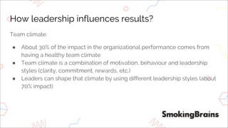 How leadership influences results?
Team climate:
● About 30% of the impact in the organizational performance comes from
having a healthy team climate
● Team climate is a combination of motivation, behaviour and leadership
styles (clarity, commitment, rewards, etc.)
● Leaders can shape that climate by using different leadership styles (about
70% impact)
 