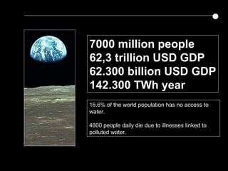 7000 million people
62,3 trillion USD GDP
62.300 billion USD GDP
142.300 TWh year
16.6% of the world population has no access to
water.

4800 people daily die due to illnesses linked to
polluted water.
 