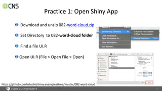 Practice 1: Open Shiny App
Download and unzip 082-word-cloud.zip
Set Directory to 082-word-cloud folder
Find a file UI.R
Open UI.R (File > Open File > Open)
55
https://github.com/rstudio/shiny-examples/tree/master/082-word-cloud
 