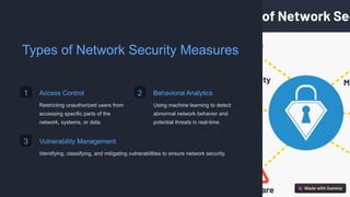 Types of Network Security Measures
1 Access Control
Restricting unauthorized users from
accessing specific parts of the
network, systems, or data.
2 Behavioral Analytics
Using machine learning to detect
abnormal network behavior and
potential threats in real-time.
3 Vulnerability Management
Identifying, classifying, and mitigating vulnerabilities to ensure network security.
 