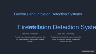 Firewalls and Intrusion Detection Systems
Firewalls
Network Protection
Firewalls prevent unauthorized access and filter
out malicious traffic, strengthening network
security.
Intrusion Detection Syste
Real-time Monitoring
These systems detect and respond to potential
threats or suspicious activities to safeguard
networks and data.
 