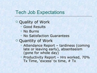 Tech – Report Card
Criteria

Report

Lead Measure

Lag Measure

Sales

Sales By Rep
Report

Meet and exceed sales
goals. 10K accrual
monthly

Less than 10K accrual
basis

Medical

•EMR Report
•Burn Report
•SG Report

95% Happy Pts
•# of Pts seeing results
•Treat 5-10 pts a day

ZERO Burns & 5%
Slow-Responders
•# of BURNS
•# of Slow-Responders
•ZERO burns expected
•Address ALL Slowresponders

•50% Labor
Report
Customer
Service

Listen 360

# of Testimonials/mo

•# of Patient Complaints
•ZERO unresolved
customer complaints

Attendance

Attendance
Report

Always ON-Time and
minimal Absenteeism

•# of Absences
•# of Tardies

Peer to Peer
Relations

Peer Survey
Report

# of Compliments

# of Complaints

 