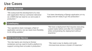 “I’ve been developing a Django application on my
laptop and am ready to go into production.”
“We need a way to deploy and scale
microservices across a cluster of instances.”
“We outsourced the development of a new
web application that our contractor delivered
as a WAR that we need to run and scale in
production.”
“Our operations team manages a fleet of
application servers, but we need more flexibility
to do rolling updates.”
“We have a deployment that requires executing
custom tasks before and after the installation
while orchestrating the deployment without
downtime.”
“Our dev teams are moving to Docker
containers and we need to build a platform to
support running them at scale in production.”
Use Cases
Elastic Beanstalk
CodeDeploy
EC2 Container Service
 