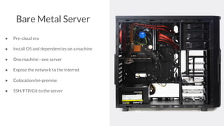 Bare Metal Server
● Pre-cloud era
● Install OS and dependencies on a machine
● One machine - one server
● Expose the network to the internet
● Colocation/on-premise
● SSH/FTP/Git to the server
 