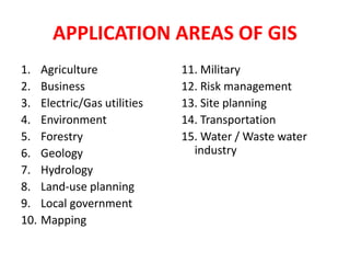 APPLICATION AREAS OF GIS
1. Agriculture
2. Business
3. Electric/Gas utilities
4. Environment
5. Forestry
6. Geology
7. Hydrology
8. Land-use planning
9. Local government
10. Mapping
11. Military
12. Risk management
13. Site planning
14. Transportation
15. Water / Waste water
industry
 