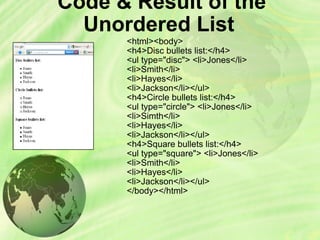 Code & Result of the Unordered List   <html><body> <h4>Disc bullets list:</h4> <ul type=&quot;disc&quot;> <li>Jones</li> <li>Smith</li> <li>Hayes</li> <li>Jackson</li></ul>  <h4>Circle bullets list:</h4> <ul type=&quot;circle&quot;> <li>Jones</li> <li>Simth</li> <li>Hayes</li> <li>Jackson</li></ul>  <h4>Square bullets list:</h4> <ul type=&quot;square&quot;> <li>Jones</li> <li>Smith</li> <li>Hayes</li> <li>Jackson</li></ul> </body></html> 