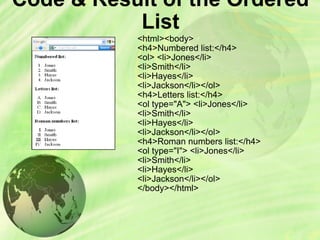 Code & Result of the Ordered List <html><body> <h4>Numbered list:</h4> <ol> <li>Jones</li> <li>Smith</li> <li>Hayes</li> <li>Jackson</li></ol>  <h4>Letters list:</h4> <ol type=&quot;A&quot;> <li>Jones</li> <li>Smith</li> <li>Hayes</li> <li>Jackson</li></ol>  <h4>Roman numbers list:</h4> <ol type=&quot;I&quot;> <li>Jones</li> <li>Smith</li> <li>Hayes</li> <li>Jackson</li></ol>  </body></html> 