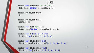 Lists
scala> var lst=List("b","c","d")
lst: List[String] = List(b, c, d)
scala> print(lst.head)
b
scala> print(lst.tail)
List(c, d)
scala> var lst2="a"::lst
lst2: List[String] = List(a, b, c, d)
scala> var l=1::2::3::4::Nil
l: List[Int] = List(1, 2, 3, 4)
scala> var l2=l::List(5,6)
l2: List[Any] = List(List(1, 2, 3, 4), 5, 6)
scala> var l3=l:::List(5,6)
l3: List[Int] = List(1, 2, 3, 4, 5, 6)
48
 