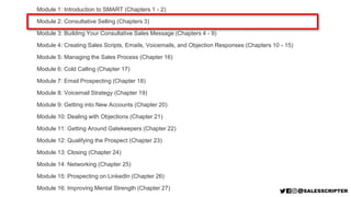 Module 1: Introduction to SMART (Chapters 1 - 2)
Module 2: Consultative Selling (Chapters 3)
Module 3: Building Your Consultative Sales Message (Chapters 4 - 9)
Module 4: Creating Sales Scripts, Emails, Voicemails, and Objection Responses (Chapters 10 - 15)
Module 5: Managing the Sales Process (Chapter 16)
Module 6: Cold Calling (Chapter 17)
Module 7: Email Prospecting (Chapter 18)
Module 8: Voicemail Strategy (Chapter 19)
Module 9: Getting into New Accounts (Chapter 20)
Module 10: Dealing with Objections (Chapter 21)
Module 11: Getting Around Gatekeepers (Chapter 22)
Module 12: Qualifying the Prospect (Chapter 23)
Module 13: Closing (Chapter 24)
Module 14: Networking (Chapter 25)
Module 15: Prospecting on LinkedIn (Chapter 26)
Module 16: Improving Mental Strength (Chapter 27)
 